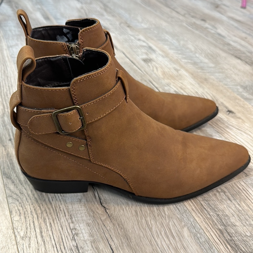 ASOS Tan Camel Buckle Strap Pointed Toe Ankle Booties - Picture 6 of 7